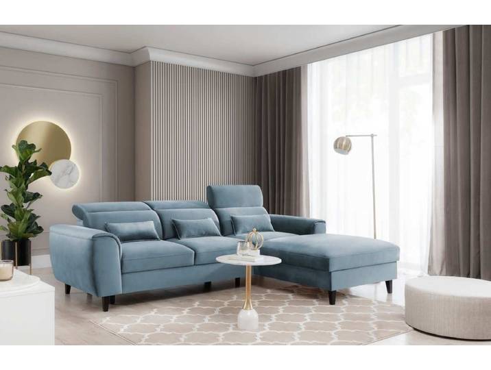 Designer Ecksofa Forino mit Schlaf- und Klappfunktion - Vintage Blau - Rechts - Luxusbetten24