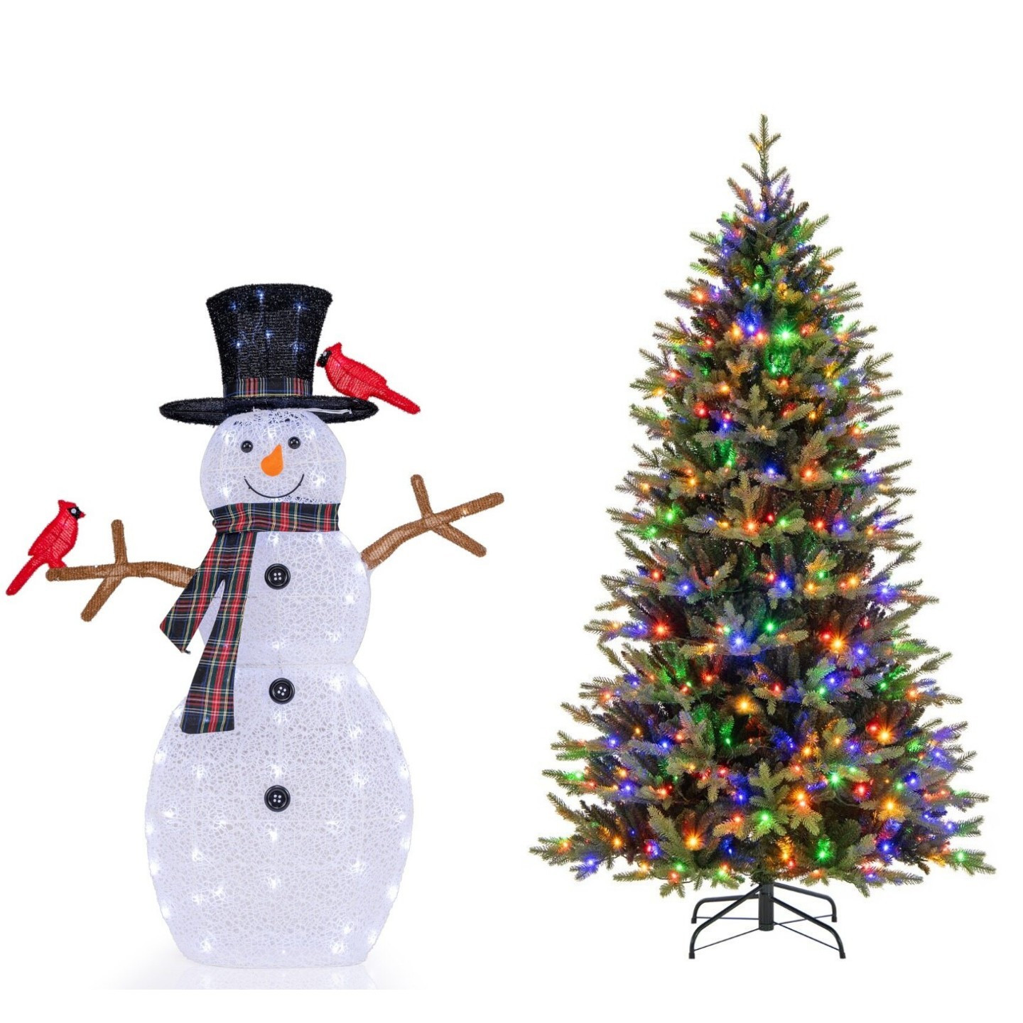 Costway Kunstkerstboom van 210 cm met LED-verlichting, verlichte sneeuwpop en rode vogels
