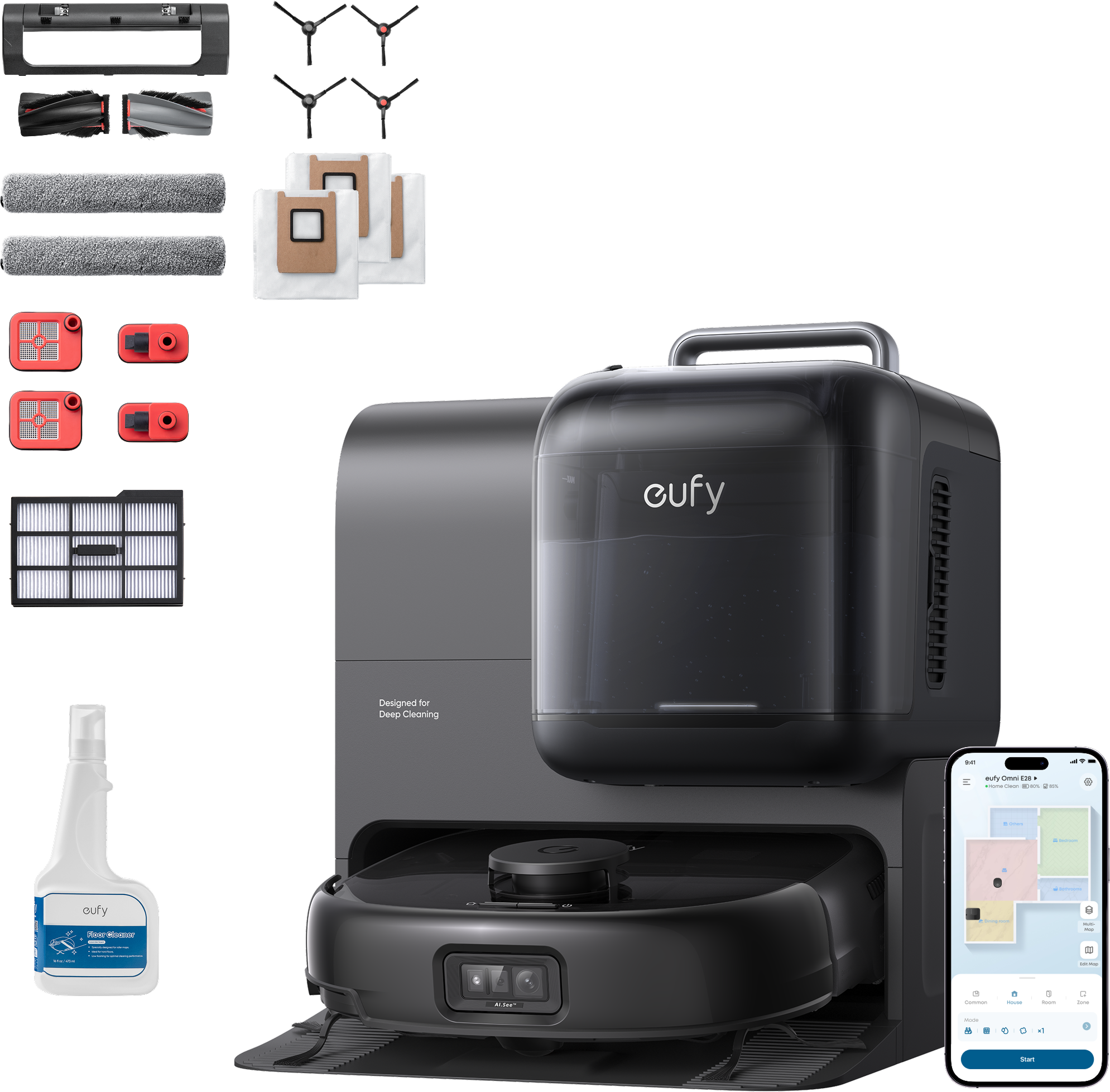 eufy Robot Vacuum Omni E28 with Complete Accessory Kit and cleaning solution Black