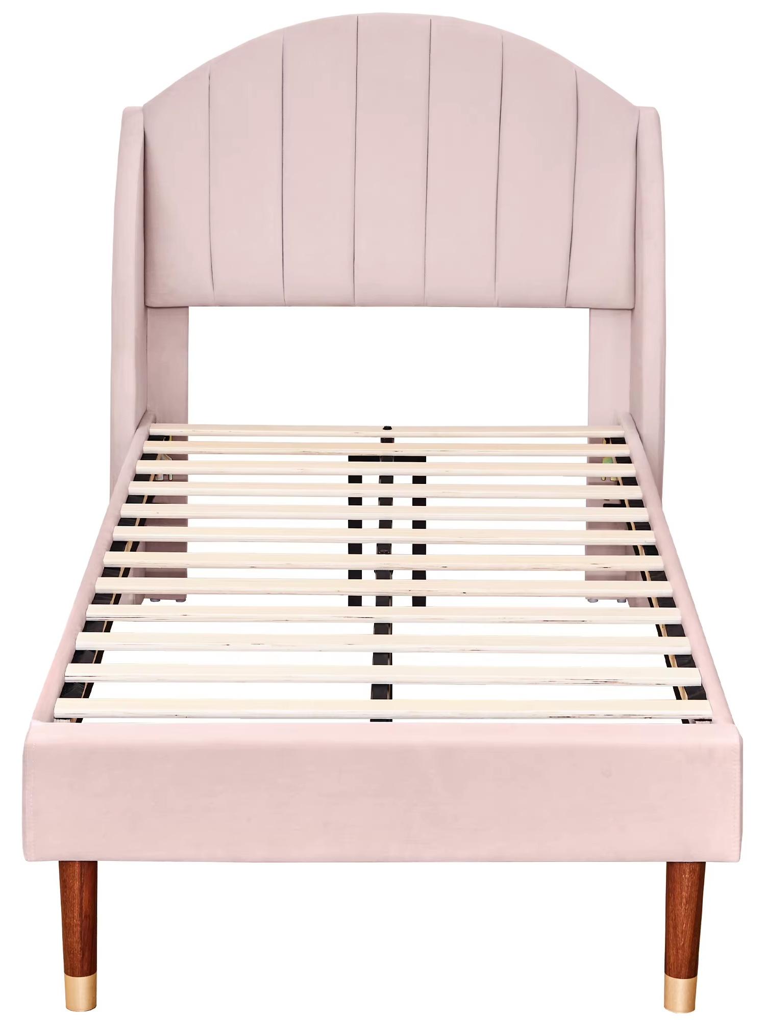 Bett - Einzelbett - 90 x 200 cm - Samtbezug - Holzrahmen - Kopfteil - Stabiler Lattenrost - Rosa
