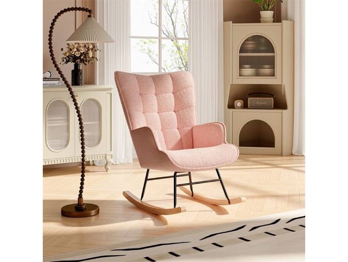 Fauteuil à Bascule - Rocking Chair en Tissu Bouclette Teddy - Fauteuil de détente avec Dossier Capitonnée - Rose