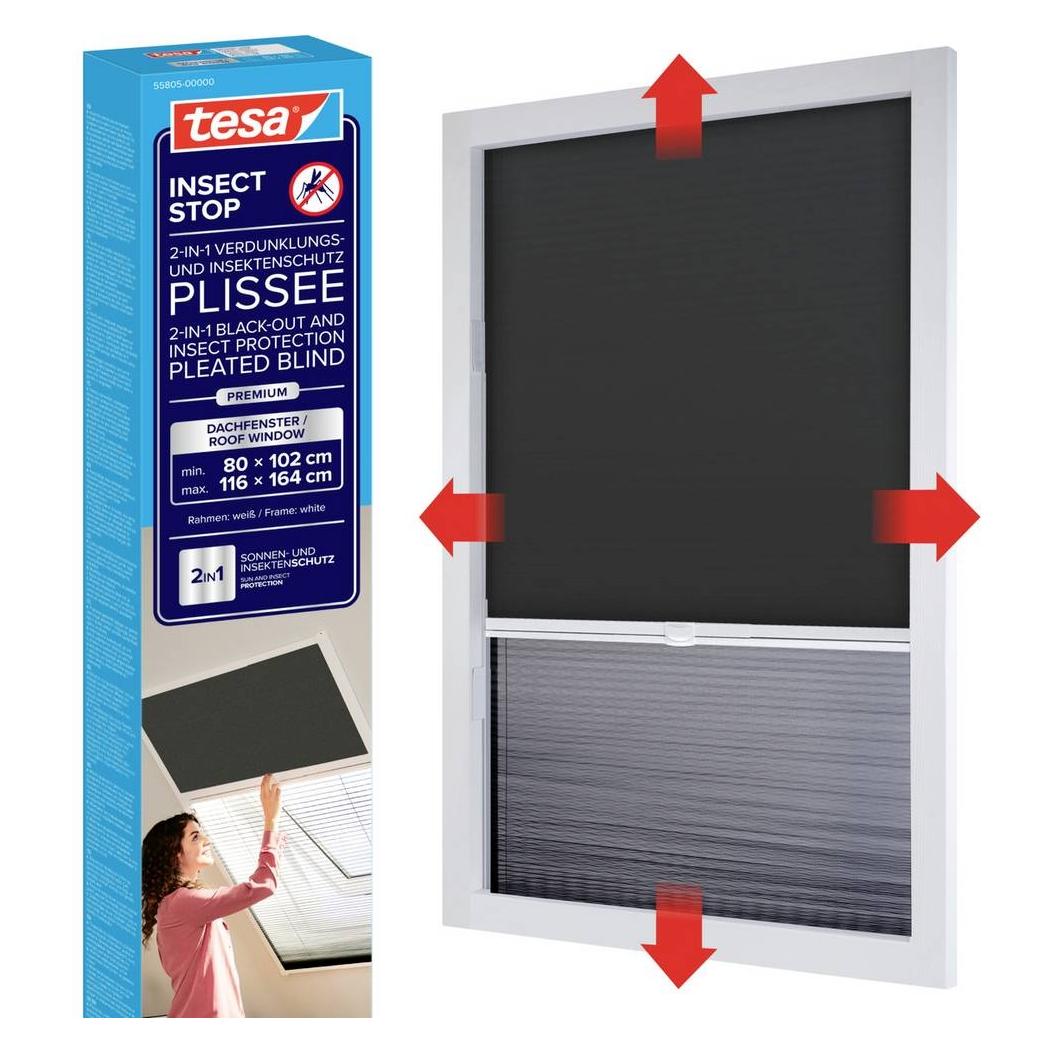 tesa Insektenschutz 2-in-1-Plissee - Rollo und Fliegengitter für Dachfenster ohne Bohren (116 x 164 cm) (55805-00000-00)