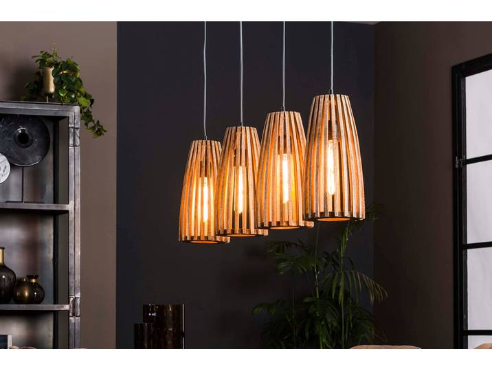 Pendelleuchte „Orenda“ – 4 Leuchten mit Lampenschirmen aus Mangoholz - Mangoholz - Luxusbetten24