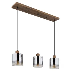 Pendelleuchte Hängelampe Deckenleuchte 3-Flammig Holzoptik Glas Rauchfarbe