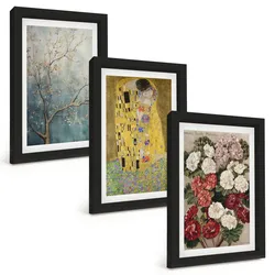 BILDER SET 3er Set - 20x30 cm Schwarzer Rahmen - Blumen des Baumes (Gemälde von Klimt)