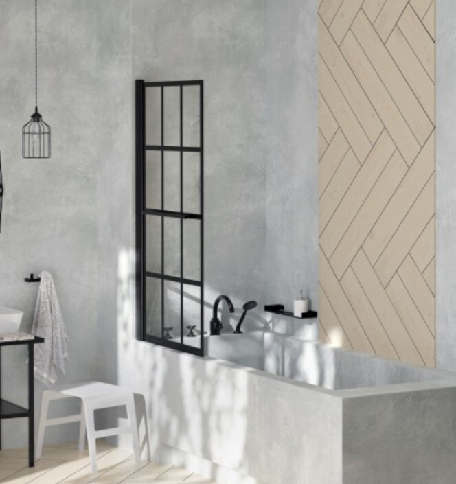 ECOLAM Badewannenabtrennung für Badewanne Duschabtrennung schwarz matt 1-Teil 75x140 cm Echtglas beweglich nach oben