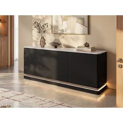 Sideboard mit 3 Türen - Mit LED-Beleuchtung - MDF - Schwarz & weiße Marmor-Optik - DEVIKA