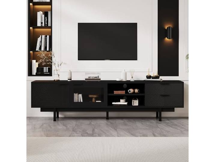 FammyLoft 200cm TV Lowboard mit 2 Türen und 2 Schubladen, Stilvolle TV Schrank für 80-Zoll, Fernseher Schrank für Wohnzimmer, TV-Tisch, TV-Ständer, Schwarz