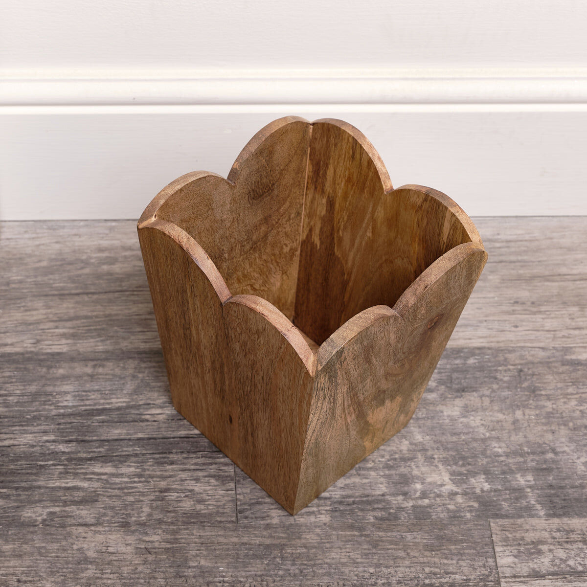 Mango Wood Scalloped Edge Waste Paper Bin Mango Wood