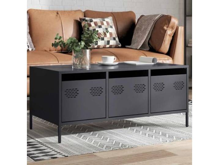 HEFZGDB Industrie-Stil Couchtisch Anthrazit 101,5x50x43,5 cm aus Kaltgewalztem Stahl mit Verstellbaren Beinen und Praktischer Tür für Stauraum