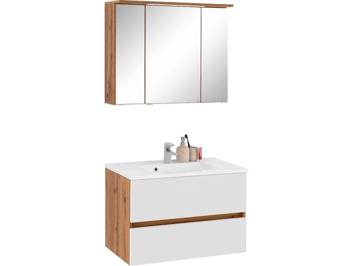 Badmöbel-Set WELLTIME Lucca , weiss (eichefarben, weiß), Kastenmöbel-Sets, Badmöbel-Set, Breite 80 cm, mit direkter LED-Beleuchtung