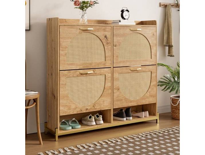 Meuble chaussures bois & rotin 4 portes - Structure métal étagère supérieure - Rangement élégant organisé 108 5x24x100cm