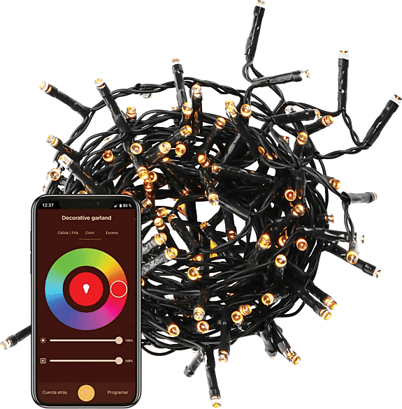 Luces LED - muvit iO MIOGAR001, Guirnalda decorativa WiFi RGB+CCT, 6m/60 led (+2m de cable power line), Negro