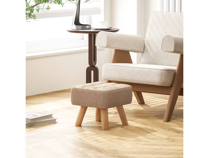 HOMCOM Ottoman Tissu Marron Clair Pieds Bois 27x27x26 cm