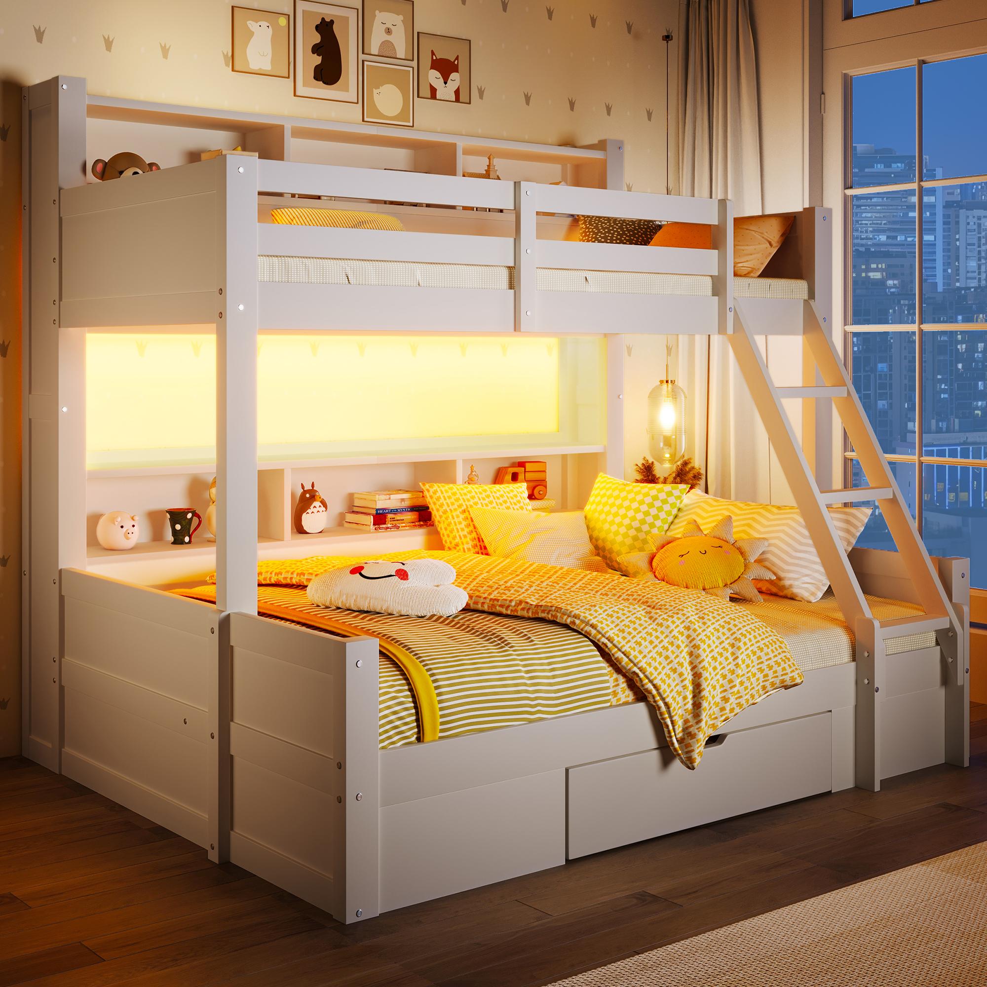 Zerbaco Etagenbett 90x200 cm und 140x200 cm, Doppelbett und Doppelbett mit Leiter, Bettgitter, offenen Fächern, 1 Schublade, LED-Lichtleiste, Weiß, Ohne Matratze