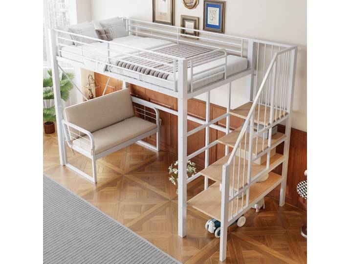 Lit mezzanine - MERAX - avec canapé - 90x200 cm - Canapé amovible - Escalier rangement