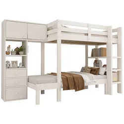 OKWISH Etagenbett 90x200 cm mit LED-Nachtlicht, Bewegungsmelder, Stauraum (Schubladen, Schrank, Regal), versetztes Design, stabil und platzsparend, Weiß