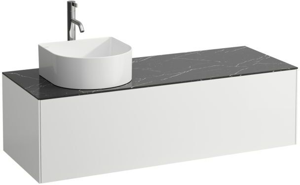 LAUFEN Sonar Schubladenelement/Sideboard H4054260341431 117,5x34x45,5cm, Ausschnitt links, mit Hahnloch, Weiß matt/Nero Marquina