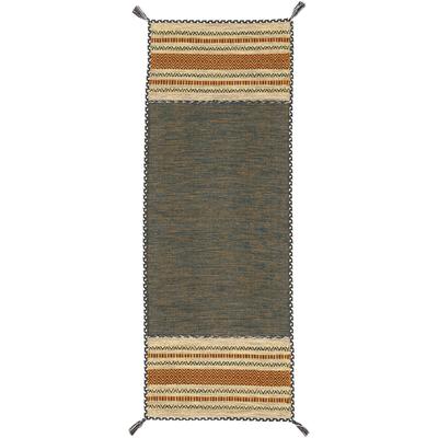 Teppich CARPETFINE "Kelim Azizi, auch als Läufer erhältlich", grün, B:80cm H:5mm L:500cm, Baumwolle, Teppiche, Teppich, handgewebt, Baumwolle, Wendeteppich mit Fransen, Fleckerl, Wohnzimmer