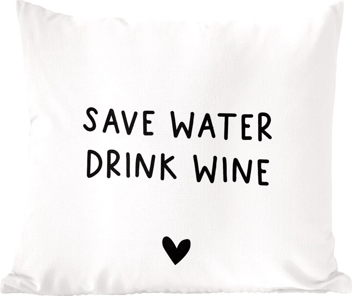 Sierkussen met Engelse quote Save water drink wine en hartje, Wit, 50 x 50 cm