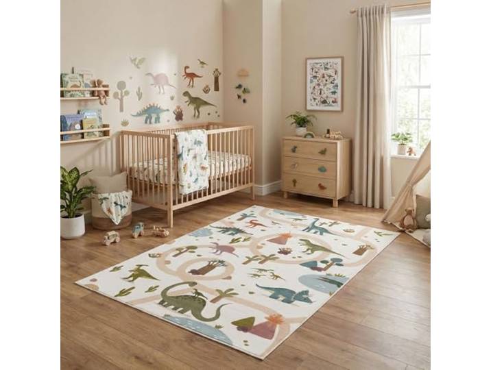 Carpetsale24 Kinderteppich Dinosaurier Spielteppich für Kinderzimmer in Creme Dino Motiv mit Straßen Größe 200x290 cm ideal für Spielzimmer