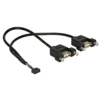 USB 2.0 Kabel, 2mm 10Pin Header > 2x USB-A Buchse, zum Einbau schwarz, 25cm