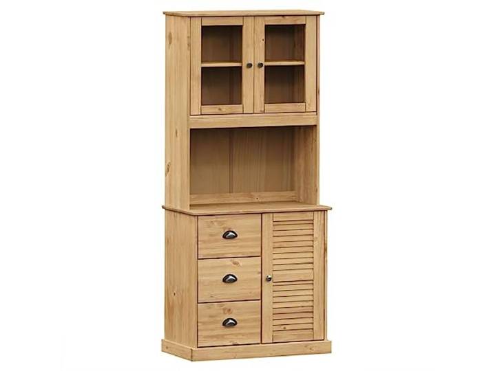 Fisinber Highboard VIGO 78x40x175 cm Massivholz Kiefer Honigwachs Elegantes Buffet aus Kiefernholz mit Glasschrank und Schubladen für Wohnzimmer oder Esszimmer.