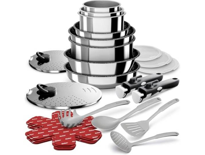 Backen 199924 Kochgeschirr-Set, 24-teilig, Pfannen, Töpfe, Wok, Sauteuse, Deckel, Abnehmbare Griffe, Induktion, Edelstahl, Spülmaschinengeeignet, 5 Jahre Garantie.