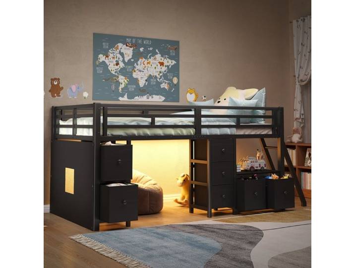 Lit superposé mi-hauteur - ZEVKOR - 90×200 cm - 7 tiroirs - LED intégrée - Métal noir