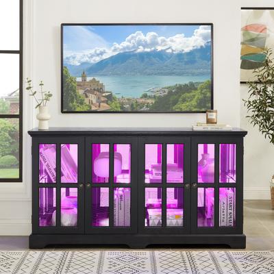 Lighted Bookcase with RGB LED Strip and Glass Doors, 4-Door Display Shelf with Adjustable Shelves, Freestanding Bookshelf