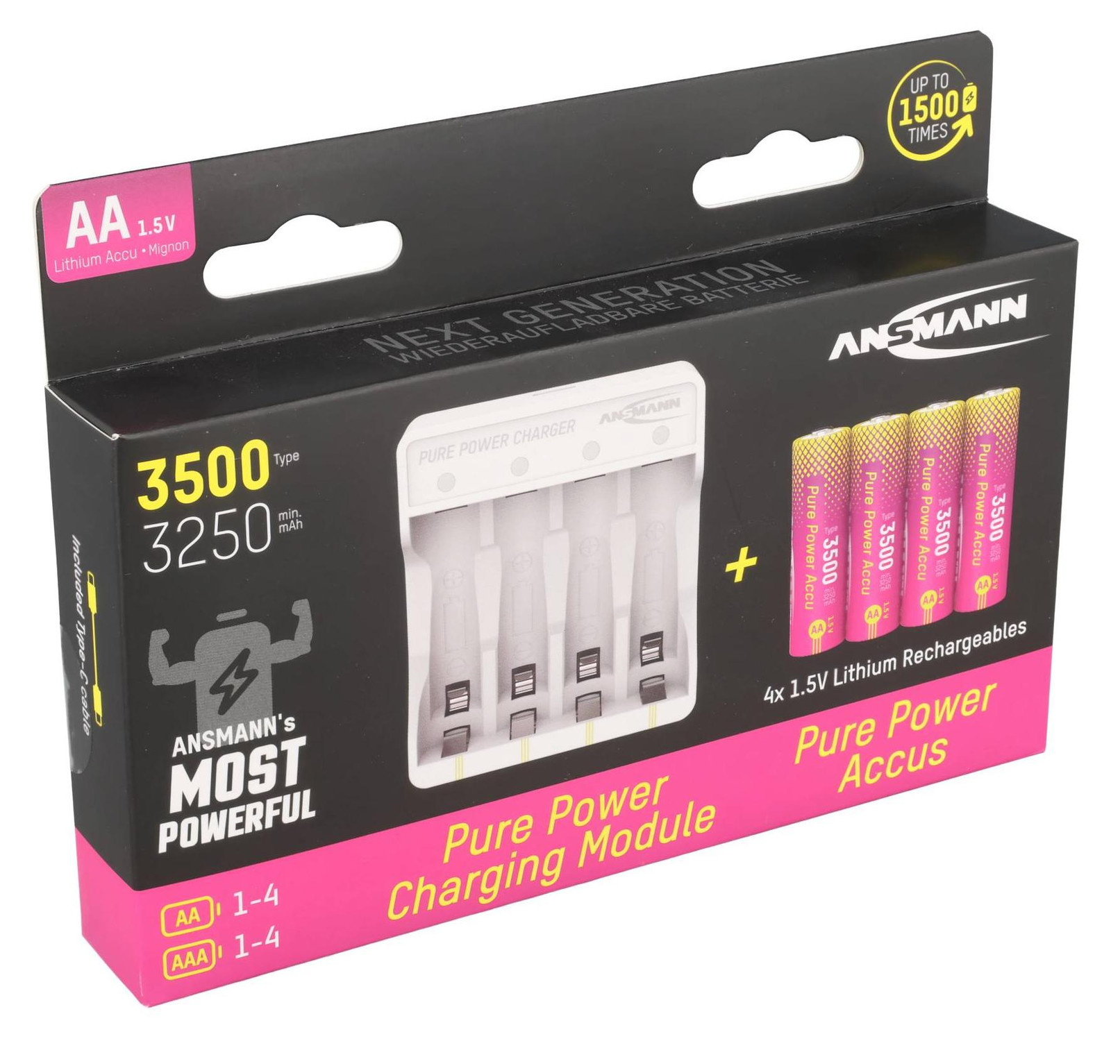 Ansmann Pure Power oplaadset met 4x Mignon AA 1,5V Li-Ion oplaadbare batterijen en USB-C oplaadkabel