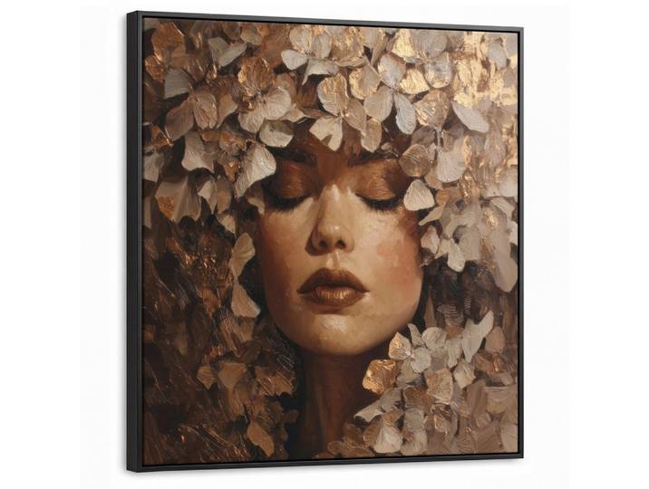 MuchoWow Leinwand Bilder mit Rahmen - Gesicht - Dame - Blätter - Pinselstriche - 90x90, Goldfarben, Quadratisch, 90x90 cm, gerahmt, Bilder & Rahmen, Bilder, Leinwandbilder