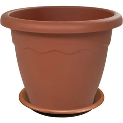 Runde Vase Ø 30 x 23 cm (H) für Blumen und Pflanzen + Untersetzer, terrakottafarbener Kunststoff, UV-beständig – Hergestellt in Italien