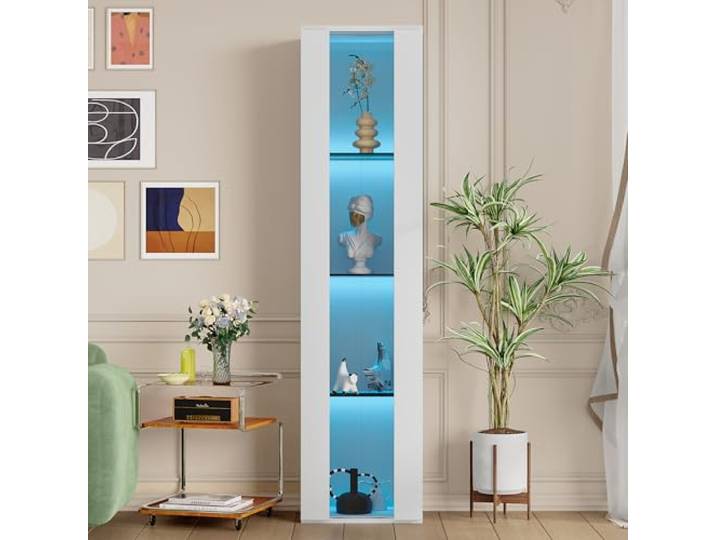 Merax Vitrine 40x29x170cm, Multifunktionale Glasvitrine mit LED-Farbwechsellicht, Fernbedienung/App-Steuerung, Acrylplatte, 4 Ausstellungsflächen, Modernes Design, Einfach zu montieren, Weiß