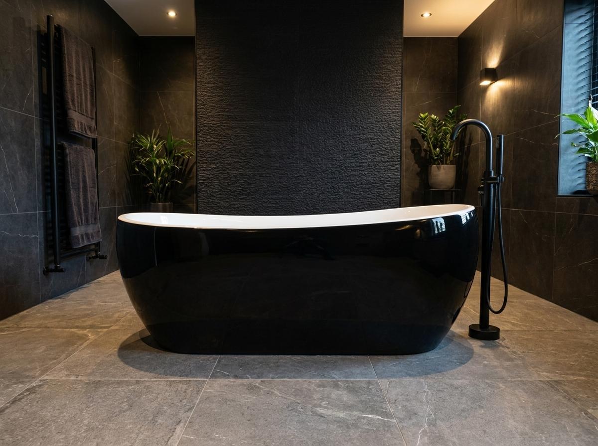 Freistehende Badewanne Modern 170 cm Schwarz-Weiß Komposit Ohne Füße Goldene Akzente - Moderne Badewanne Melania Bodenstehend