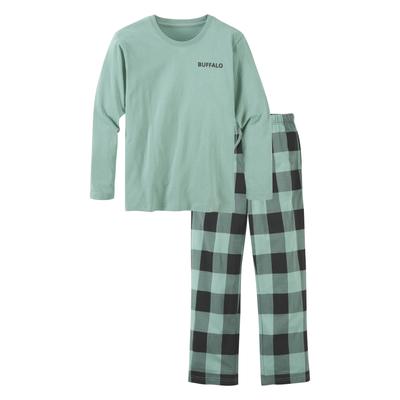 Pyjama BUFFALO, Jungen, Gr. 182, grün (salbei, schwarz kariert), Jersey, Obermaterial: 100% Baumwolle, kariert, Basic, bequem lang, Rundhals, abgesteppte Kante, Homewear-Sets Pyjama, langer Schlafanzug, unifarben und kariert, aus Baumwolle