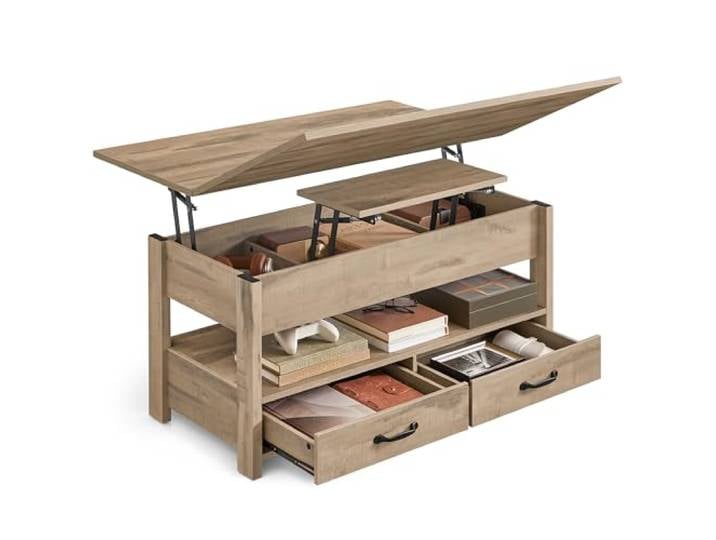 VASAGLE Couchtisch, höhenverstellbar, Gaszylinder, 2 Schubladen Wohnzimmertisch, 3 Fächer unter der Tischplatte, 1 offenes Fach, kamelbraun, SIREN Kollektion LCT254L01