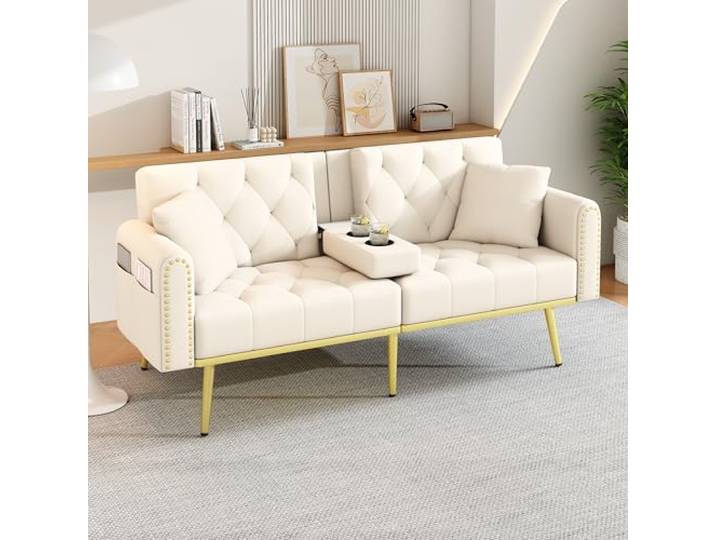 BTM Klein Klappsofa Schlafsofa mit Liegefunktion 2 Sitzer Sofa mit Schlaffunktion für Wohnzimmer Couch Stoffbezug Beige