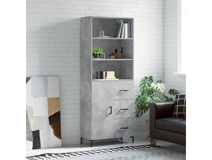 Elegantes Aufbewahrungsmöbel als Raumteiler: Stilvolles Highboard in Betongrau aus Holzwerkstoff fürs Wohnzimmer mit Metallfüßen und Türen, bietet viel Stauraum und benötigt