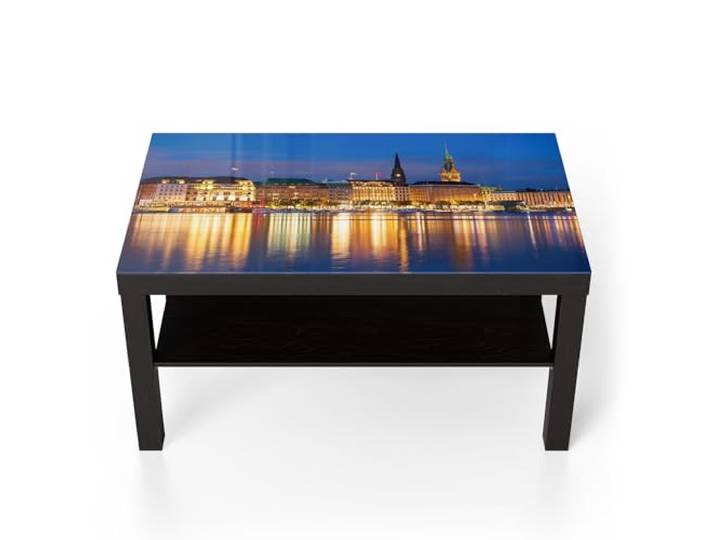 DEQORI Glastisch schwarz groß 90x50 cm Motiv Hamburg bei Nacht ausgefallener Beistelltisch aus Glas Hochglanz Couchtisch fürs Wohnzimmer moderner Couch Tisch mit Design