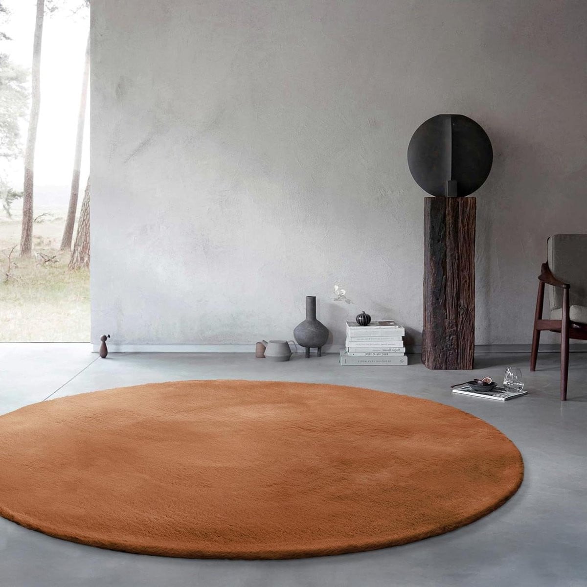 Fluffy Rond Vloerkleed - Hoogpolig Polyester - Terracotta - Diameter: 150 cm