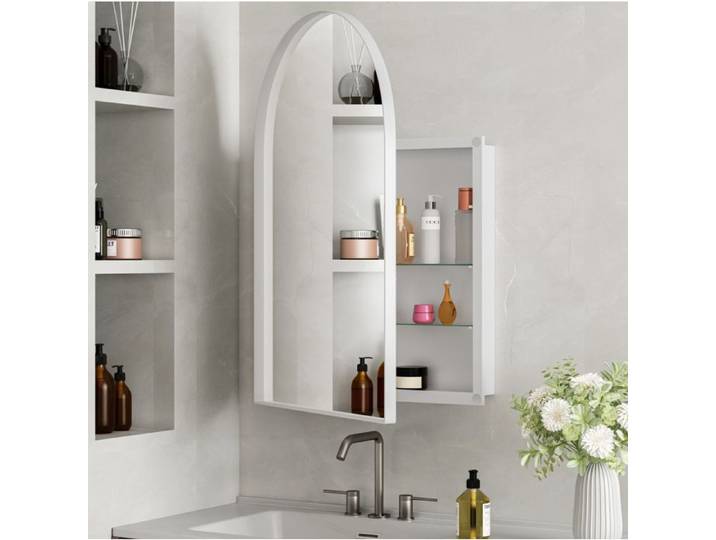 Armoire à pharmacie miroir arquée murale ou encastrable avec cadre métal et 2 étagères réglables blanc