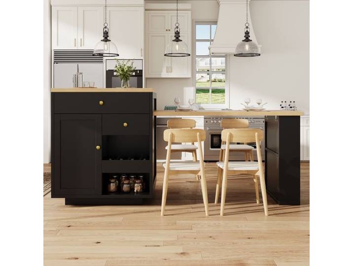Îlot de cuisine table de bar avec plateau rétractable Table à manger extensible avec 2 tiroirs 122 5-195 5*70*93 8cm noir