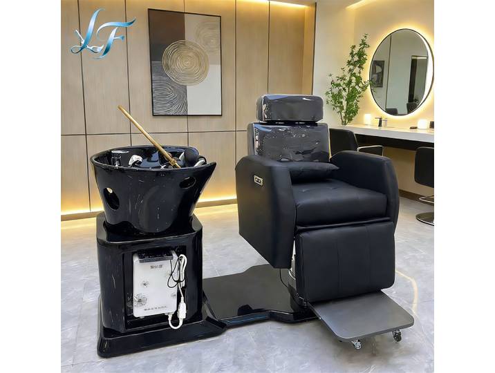 Fauteuil de lavage électrique réglable avec bac en céramique haut de gamme, cuir synthétique durable, design multifonctionnel pour professionnels