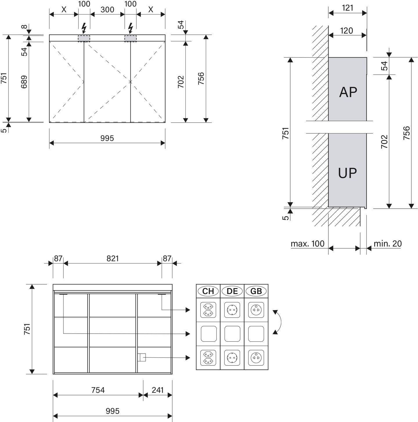Schneider PATA LED Spiegelschrank PAT 100/3/LED 99,5 x 75,6 cm, 4000 K, CH, Badmöbel, 161.101.01.02, weiß