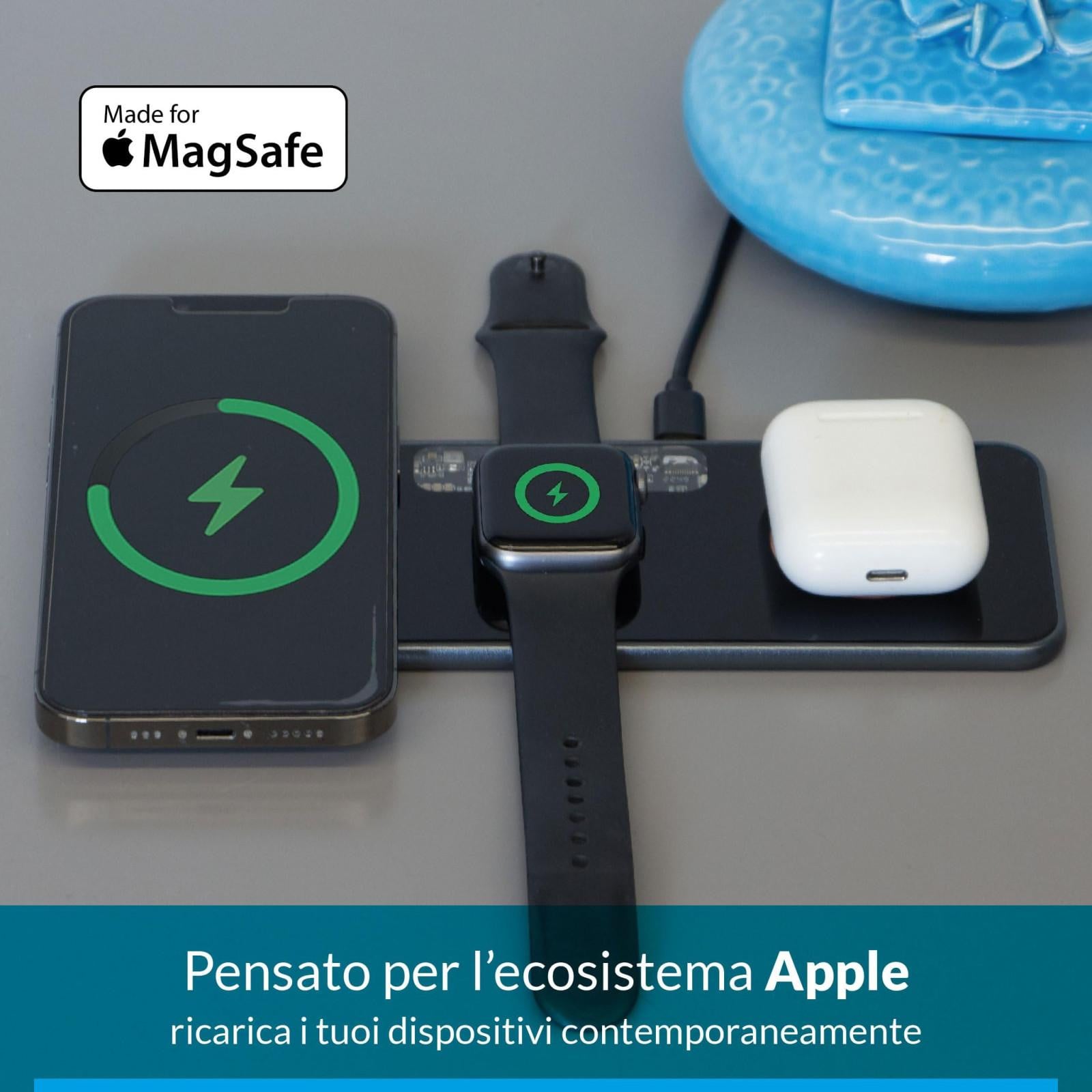 Dudùu Draadloze Oplader 3-in-1, 15W MagSafe, Glas en Aluminium, Matgrijs