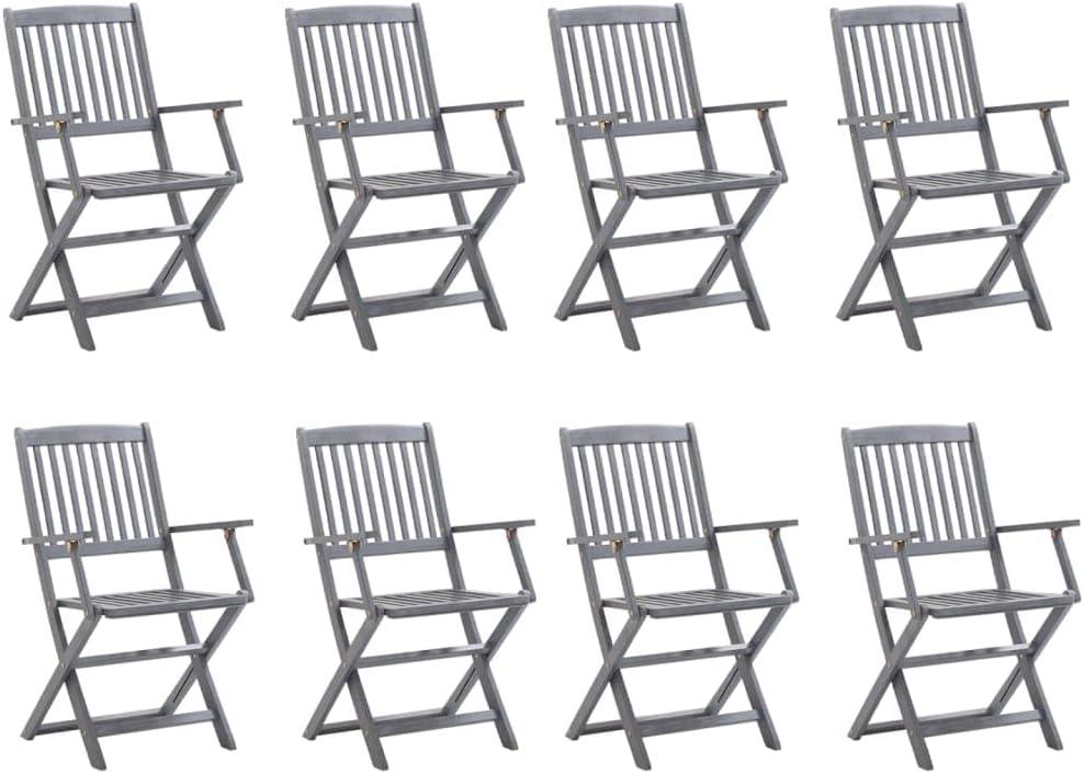 8 klappbare Gartenstühle aus massivem Akazienholz mit Kissen, grau lasiert