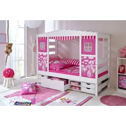 TiCAA Hausbett mit Bettkasten "Horse Rosa" Kiefer Weiß