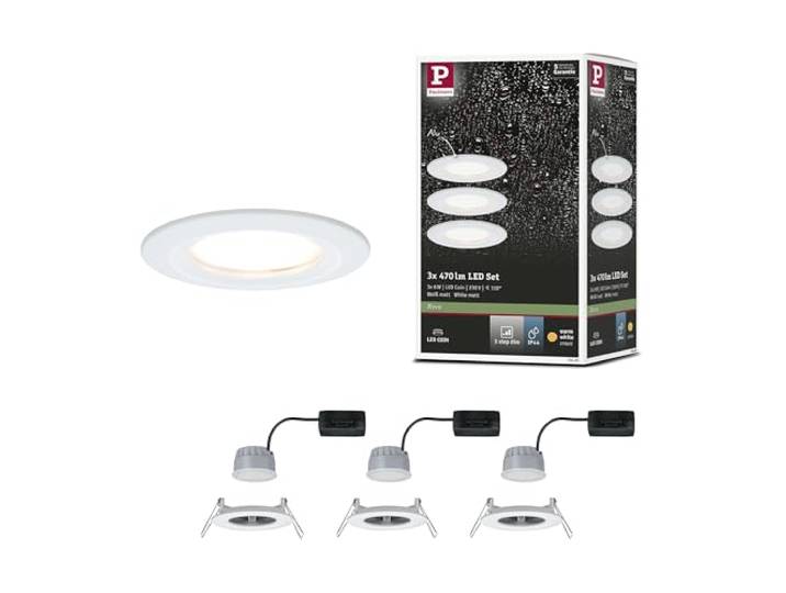 Paulmann 93496 Spots LED encastrés 3-Step-Dim Nova Coin Set de base rigide IP44 rond 78 mm Coin 3x6W 3x470lm 230V dimmable 2700K blanc dépoli