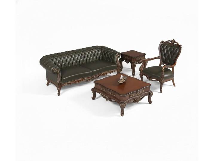 JVmoebel Chesterfield-Sofa Klassisches Chesterfield Wohnzimmer Exklusives Sofa Ledersessel Tisch, 4 Teile